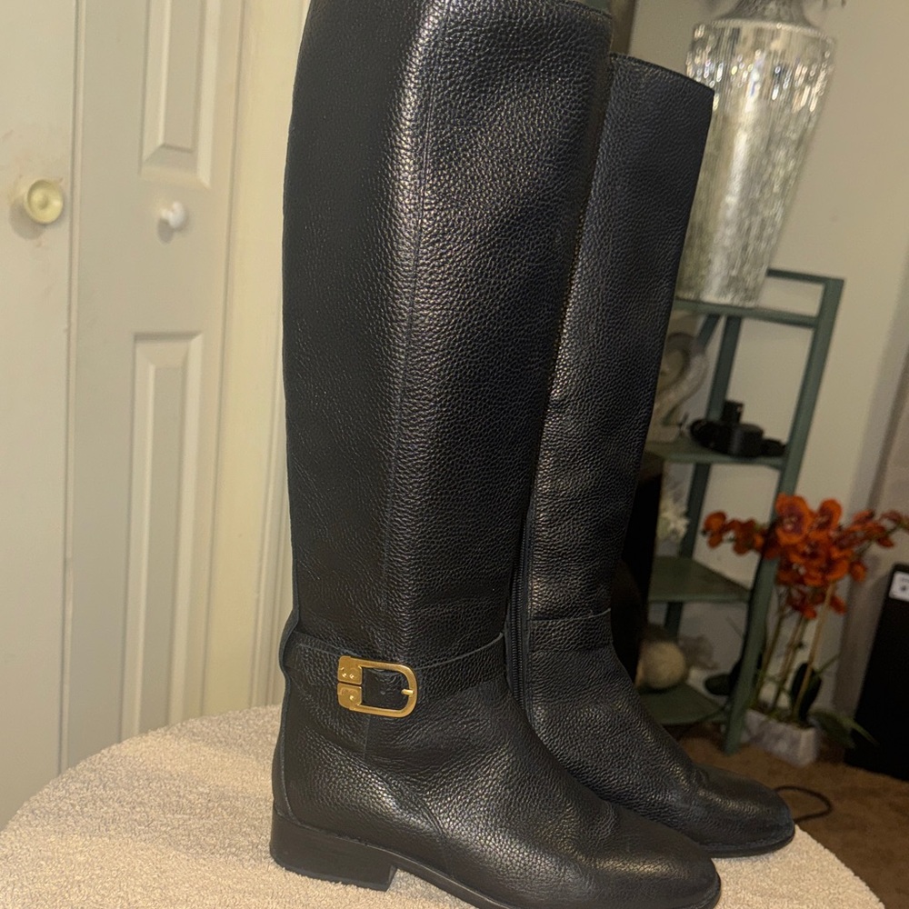 Tory Burch Black Leather Knee-High Boots with Gold Buckle